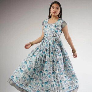 White and Blue Kalankari Ankle-Length Dress | Muvvas Boutique